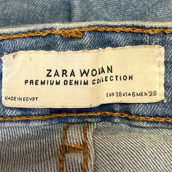 Zara Woman Blue Medium Wash Distressed Raw Hem High Rise Skinny Denim Jeans Sz 6 - Picture 4 of 5